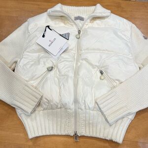 Moncler Cream Down Filled Quilted Body, Knit-Sleeve Zip Jacket